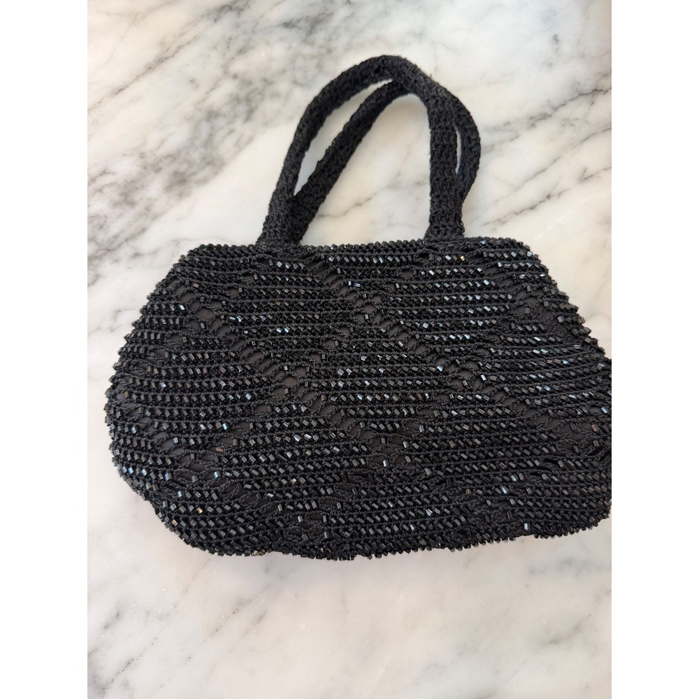 Vintage 80s Valerie Stevens Black Beaded Crochet Handbag Evening Bag Purse